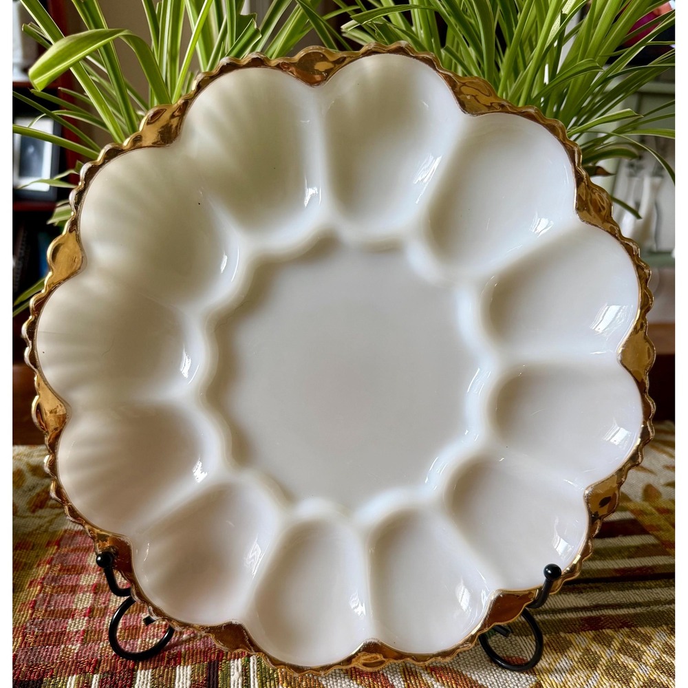 Vintage Anchor Hocking Milk Glass Deviled Egg Tray, Gold Rim, MCM Easter Decor